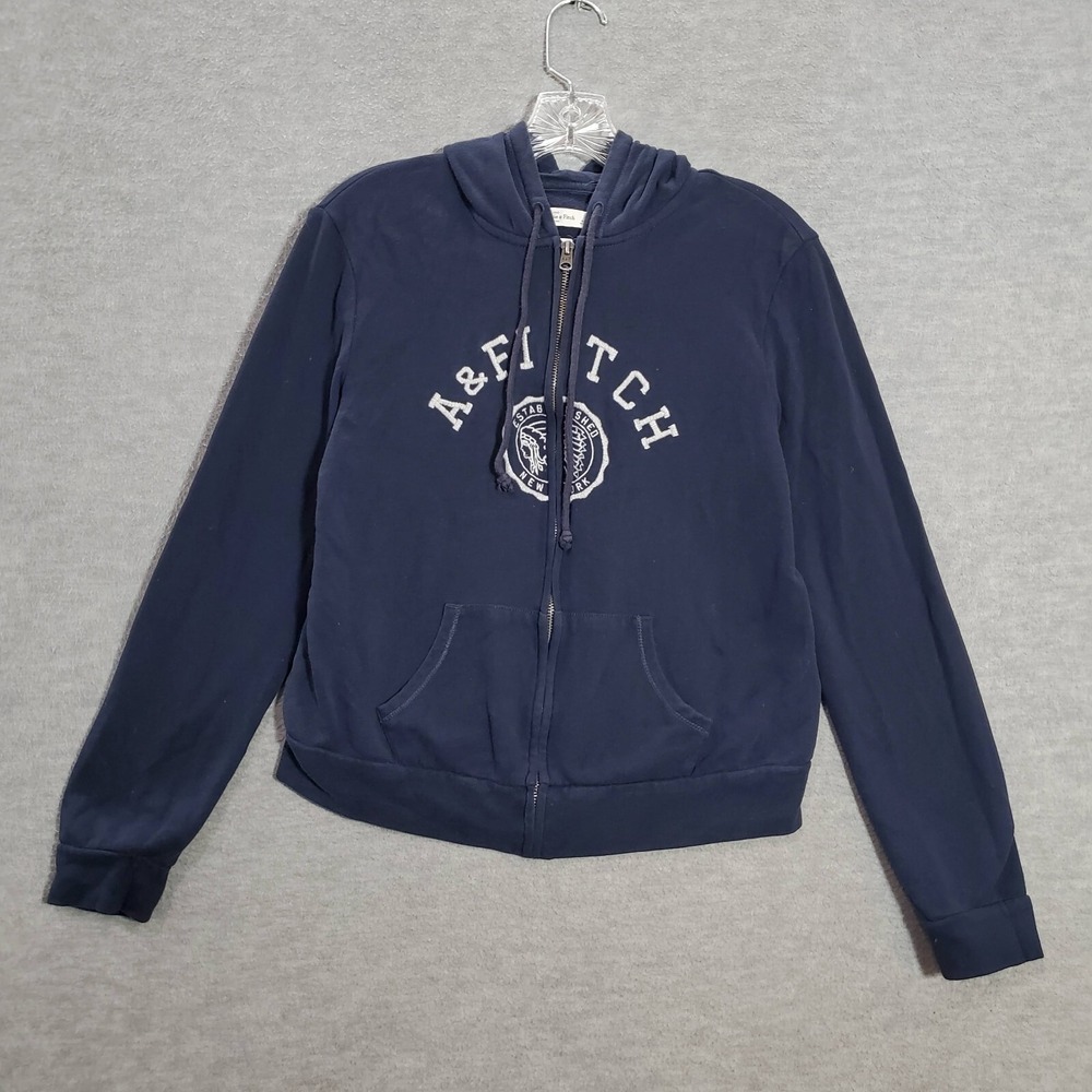 Abercrombie &‎ Fitch Junior Sweatshirt Large Blue Crop Hoodie Logo Full Zip
